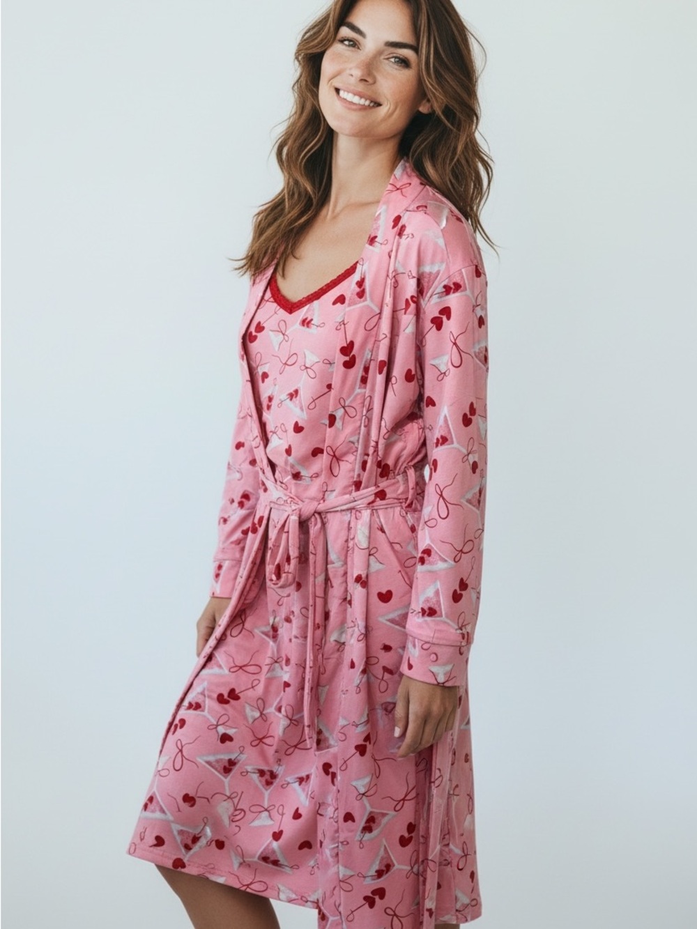2-piece set Pink Heart-Print Tie-Waist Robe with Camisole sleep shirt